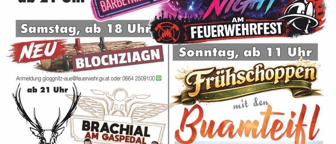 Plakat für ein Festival mit verschiedenen Veranstaltungen wie Disco Night, Feuerwehrfest und Fritschoppen. Daten und Zeiten für jede Veranstaltung sind angegeben.