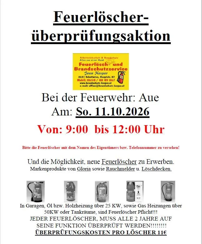 Plakat für eine Feuerlöscher-Überprüfungsaktion bei der Feuerwehr am Samstag, 11.10.2026, von 9:00 bis 12:00 Uhr. Eigentümer müssen ihre Feuerlöscher zur Überprüfung mitbringen. Neue Feuerlöscher können erworben werden.