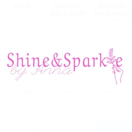 Ein Logo für eine Marke namens Shine & Sparke von Anna, in Pink auf weißem Hintergrund geschrieben. Das Logo zeigt eine stilisierte Hand, die eine rosa Blume hält.