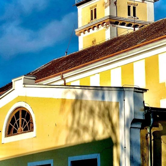 Ein altes gelbes Gebäude mit einem braunen Dach und einem Bogenfenster. Der Schatten eines Baumes fällt auf die Wand.