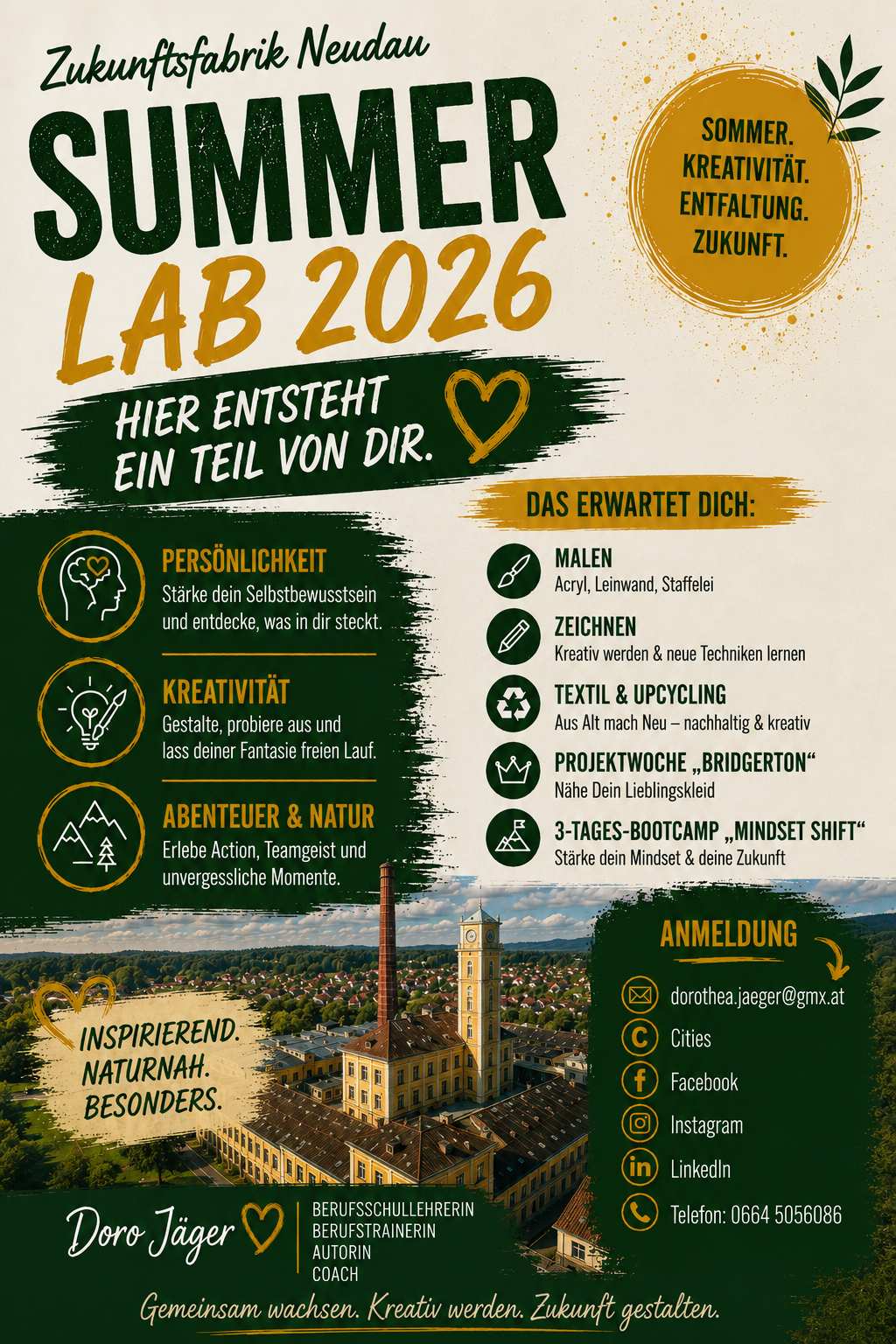 Plakat für Lab 2026 mit einem Herz, einem Turm und verschiedenen Symbolen für Aktivitäten wie Malen, Zeichnen und Natur. Das Plakat hebt persönliches Wachstum, Kreativität, Abenteuer und Natur hervor. Es enthält einen Aufruf zur Anmeldung und Kontaktinformationen.