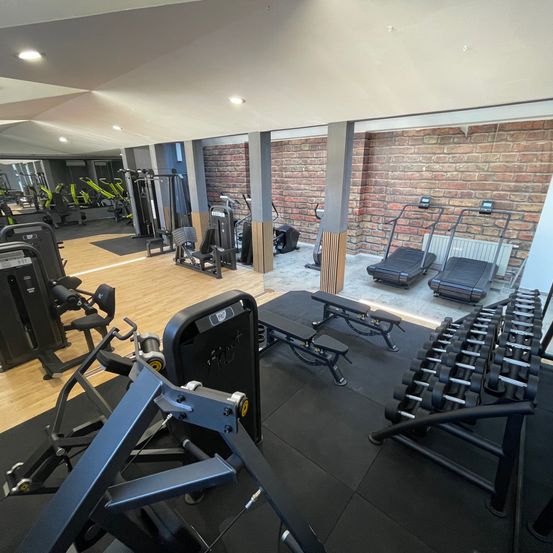 Ein Fitnessstudio-Innenraum mit verschiedenen Trainingsgeräten. Links sind Hanteln und ein Spiegel. In der Mitte ein Bankdrücken und eine Kniebeugemaschine. Rechts ein Laufband und eine Wand voller Hanteln.