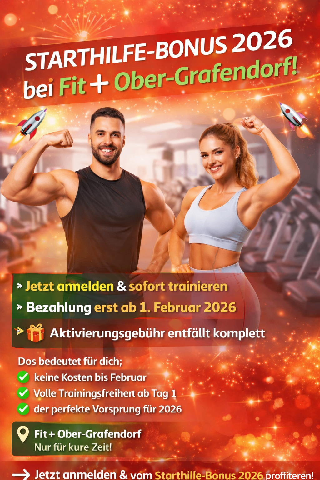 A gym advertisement features a man and a woman flexing their muscles. The ad encourages immediate registration for training, with payment starting February 1, 2026. It highlights no fees until February and full training freedom from day one.