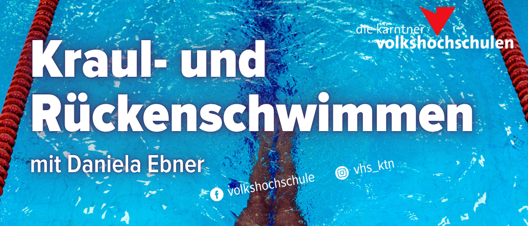 Ein Poster bewirbt Schwimmkurse in Kötschach-Mauthen. Es zeigt eine Schwimmerin in einem roten Badeanzug mit einem QR-Code zum Buchen. Der Text enthält Datum, Uhrzeit und Ort der Veranstaltung.