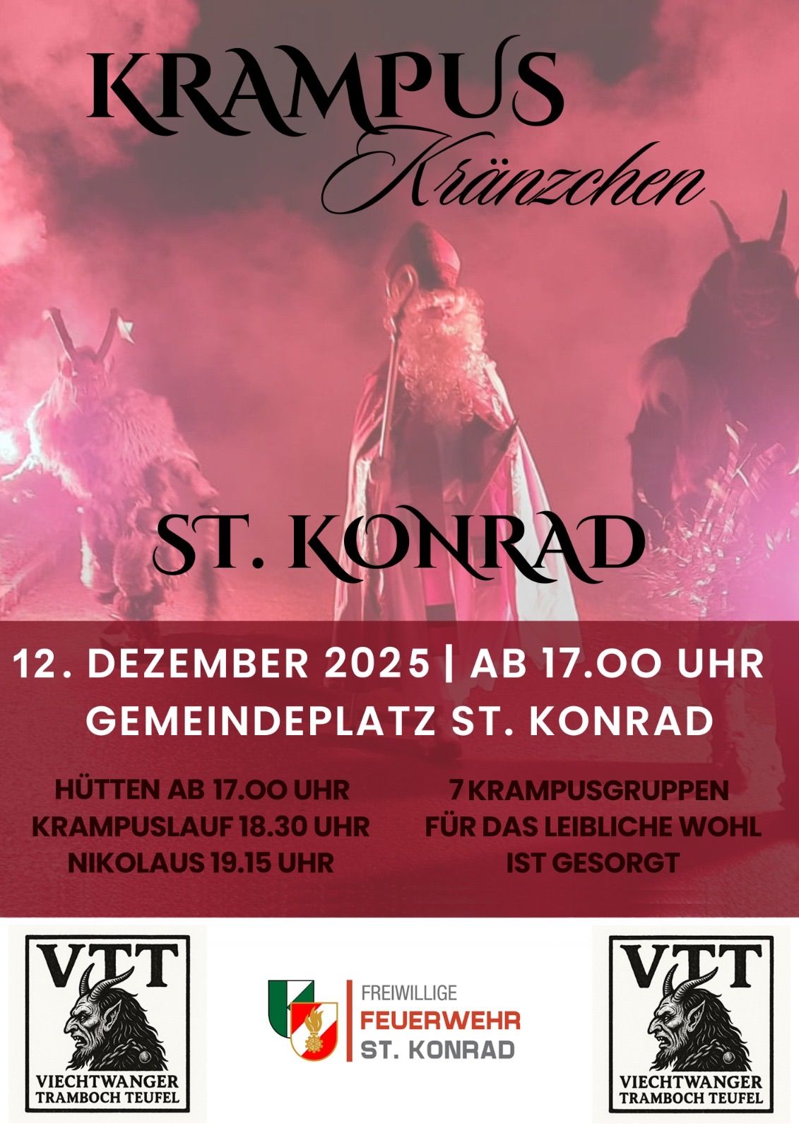Plakat für St. Konrad Veranstaltung am 12. Dezember 2025. Beginn um 17:00 am Gemeindeplatz St. Konrad. Mit Hütten um 17:00, Krampuslauf um 18:30 und Nikolaus um 19:15.