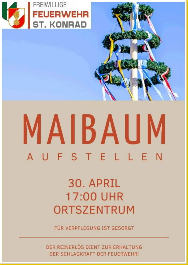 Plakat für das Maibaum-Aufstellen-Event von St. Konrad, Datum 30. April, Zeit 17:00, Ort Ortszentrum, Essen vorhanden.