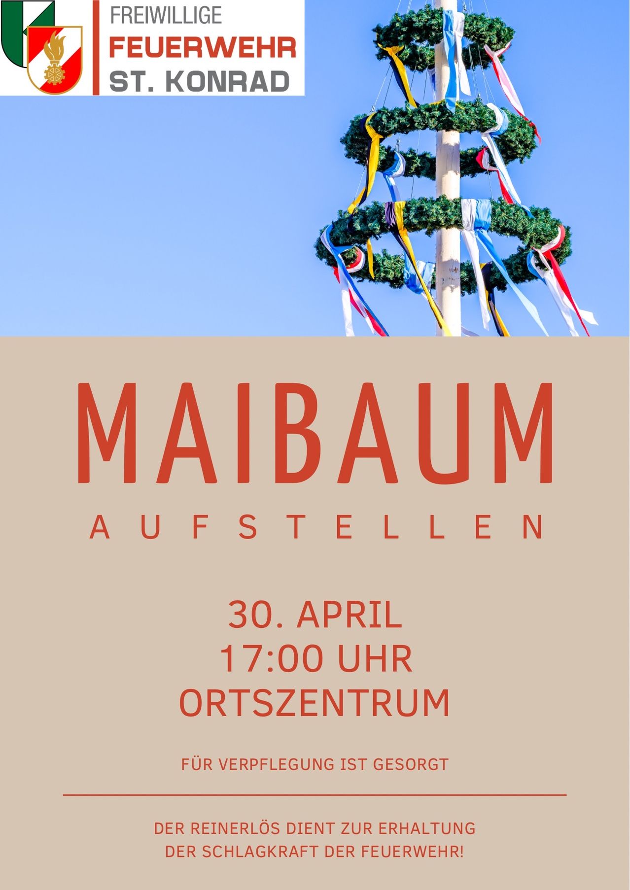 Plakat für die Maibaum Aufstellen-Veranstaltung am 30. April um 17:00 im Ortszentrum. Ein dekorierter Pfahl mit Bändern.