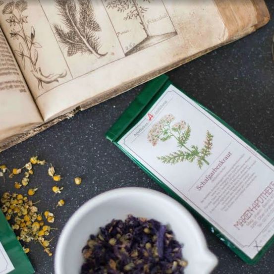 Ein offenes Buch mit botanischen Illustrationen liegt neben einem grünen Päckchen und einer Schüssel mit getrockneten Kräutern. Das Päckchen ist mit Schadengartenkraut beschriftet.