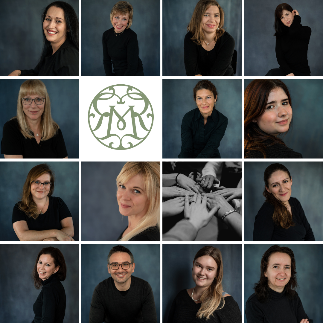 Eine Collage von lächelnden Personen in schwarzer Kleidung, mit verschiedenen Posen und Gesichtsausdrücken. Ein Logo in der Mitte und ein Gruppenfoto von Händen unten.