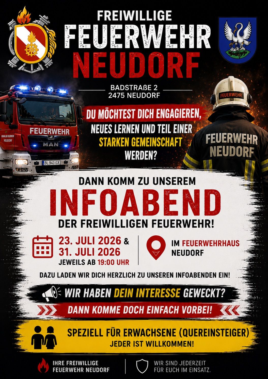 Poster for Neudorf's volunteer fire department information evening, featuring a firefighter, a fire truck, and details about the event on July 23 and 31, 2026.