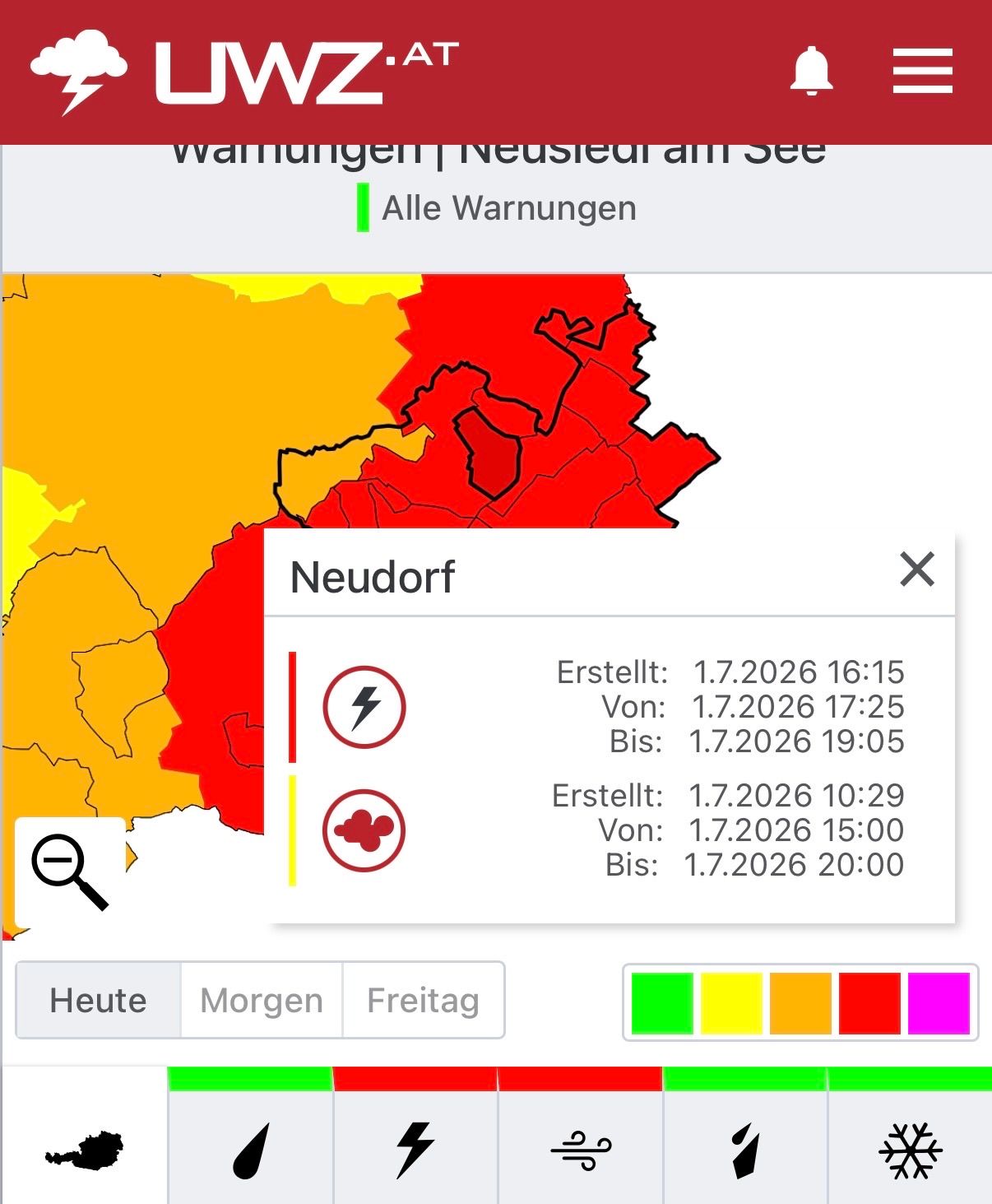 Neudorf weather warning map shows areas of different warning levels. Two warnings: one for 1.7.2026 from 17:25 to 19:05, and another for 1.7.2026 from 15:00 to 20:00.