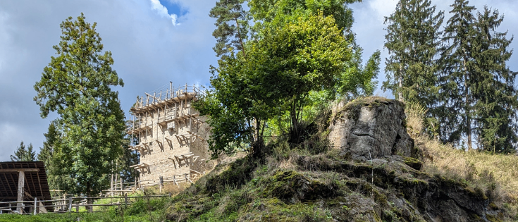 Eine Burg im Bau in einem Wald mit einem großen Felsen und einem Holzzaun im Vordergrund.