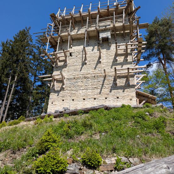 Ein alter Steinturm im Bau steht auf einem grün bewachsenen Hügel, umgeben von Bäumen. Der Turm hat hölzerne Gerüste im oberen Teil.