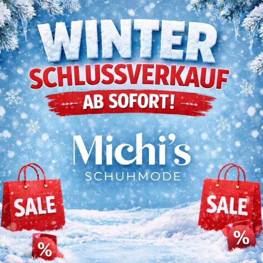 Werbung für Winterschlussverkauf mit Schneeflocken und zwei roten Einkaufstüten mit SALE-Schildern. Im Zentrum steht Michi's Schuhmode. Der Rabattprozentsatz wird durch ein kleines rotes Prozentzeichen angezeigt.