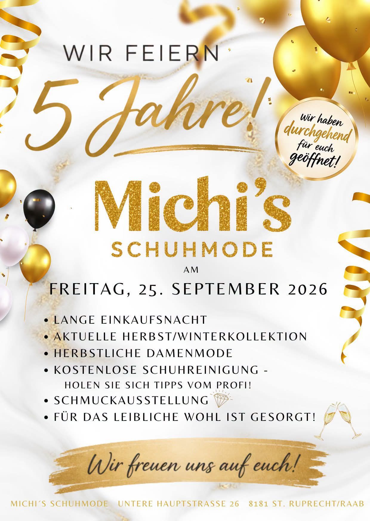 An invitation for Michi's Schuhmode's 5th anniversary on September 25, 2026, featuring a long shopping night, autumn/winter collection, free shoe cleaning, and a jewelry display.