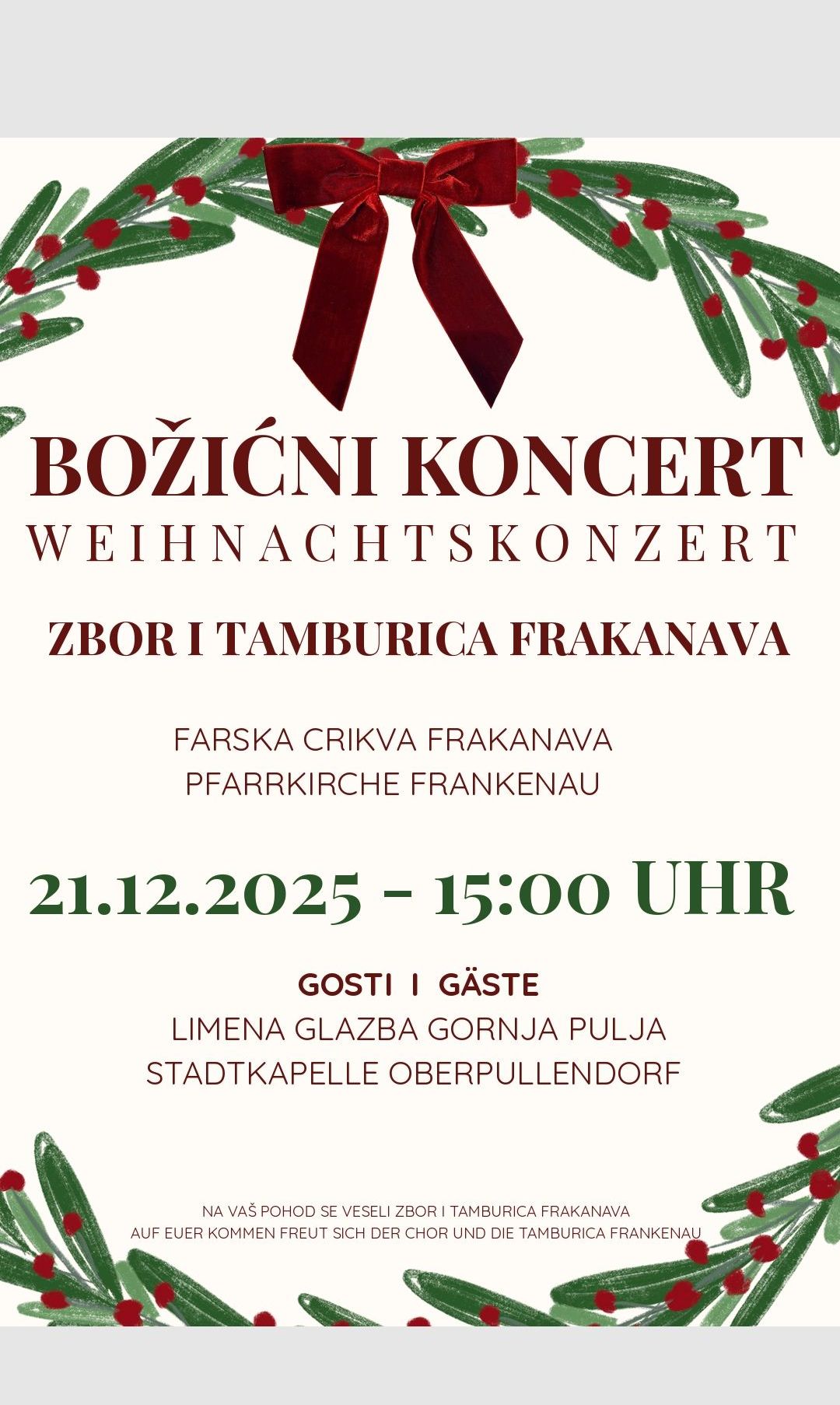 Ein Plakat für ein Weihnachtskonzert von Zbori i Tamburica Frakanava in der Pfarrkirche Frankenau am 21.12.2025 um 15:00 Uhr. Es zeigt festliche Dekorationen und eine Einladung an die Gäste.