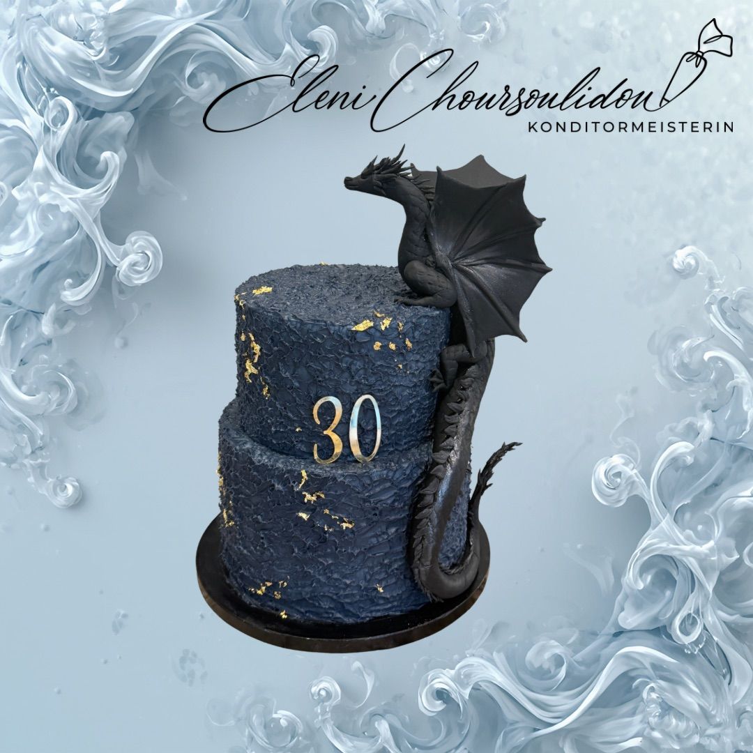A cake decorated with a dragon sitting on top, featuring blue and gold colors. The cake has the number 30 written in silver. The background is blue and white.