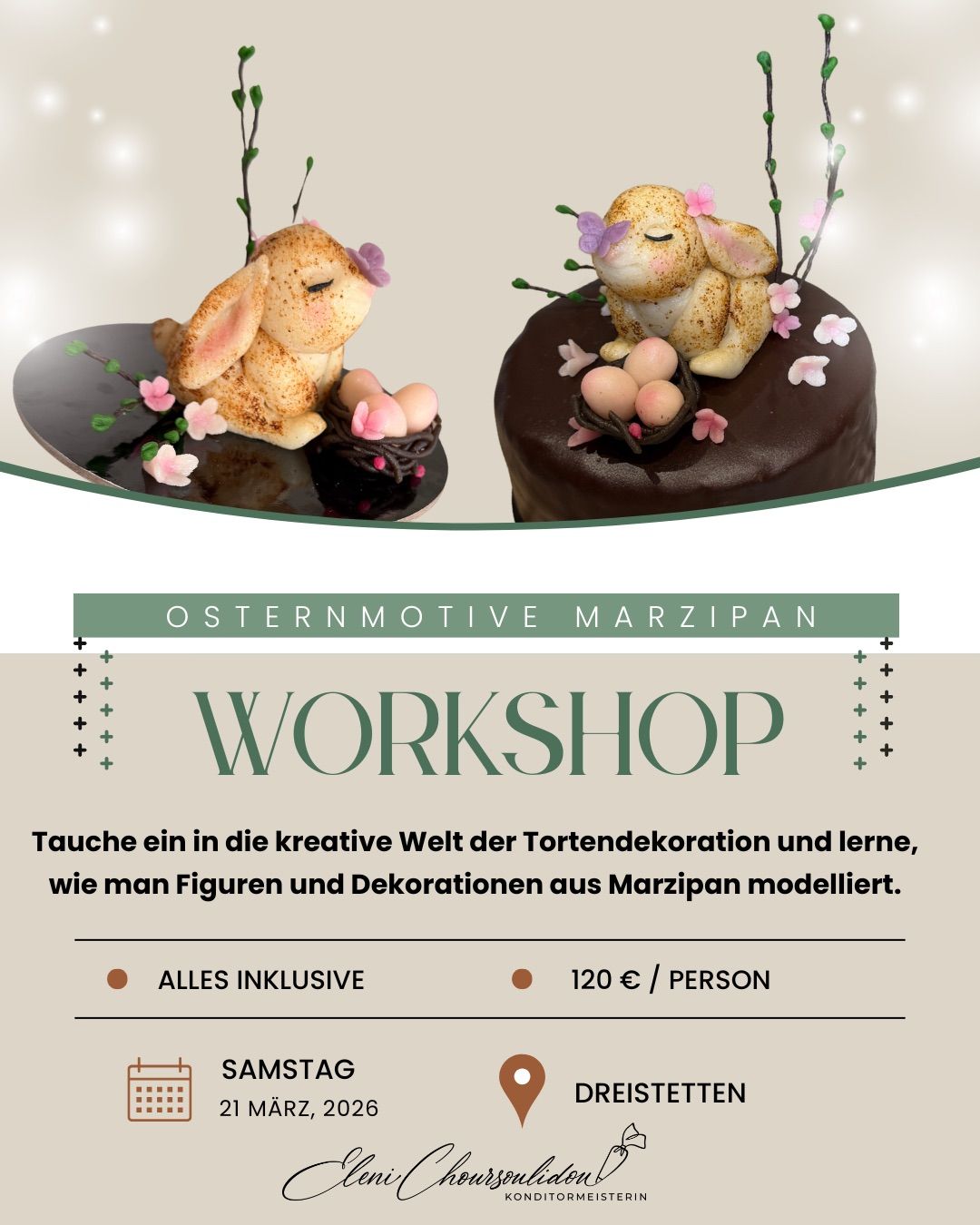 An Easter-themed marzipan workshop poster shows two chocolate cakes with bunny figurines and eggs. The poster highlights the workshop's focus on learning cake decoration and marzipan modeling. The workshop includes all materials and costs 120 Euros per person.