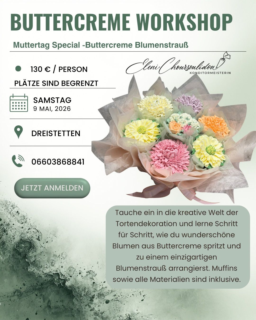 Das Bild ist eine Werbung für ein Muttertags-Special-Event. Es zeigt einen Strauß Buttercreme-Blumen und enthält Details wie Datum, Zeit, Ort und Preis. Der Text ermutigt die Teilnehmer, sich jetzt anzumelden.