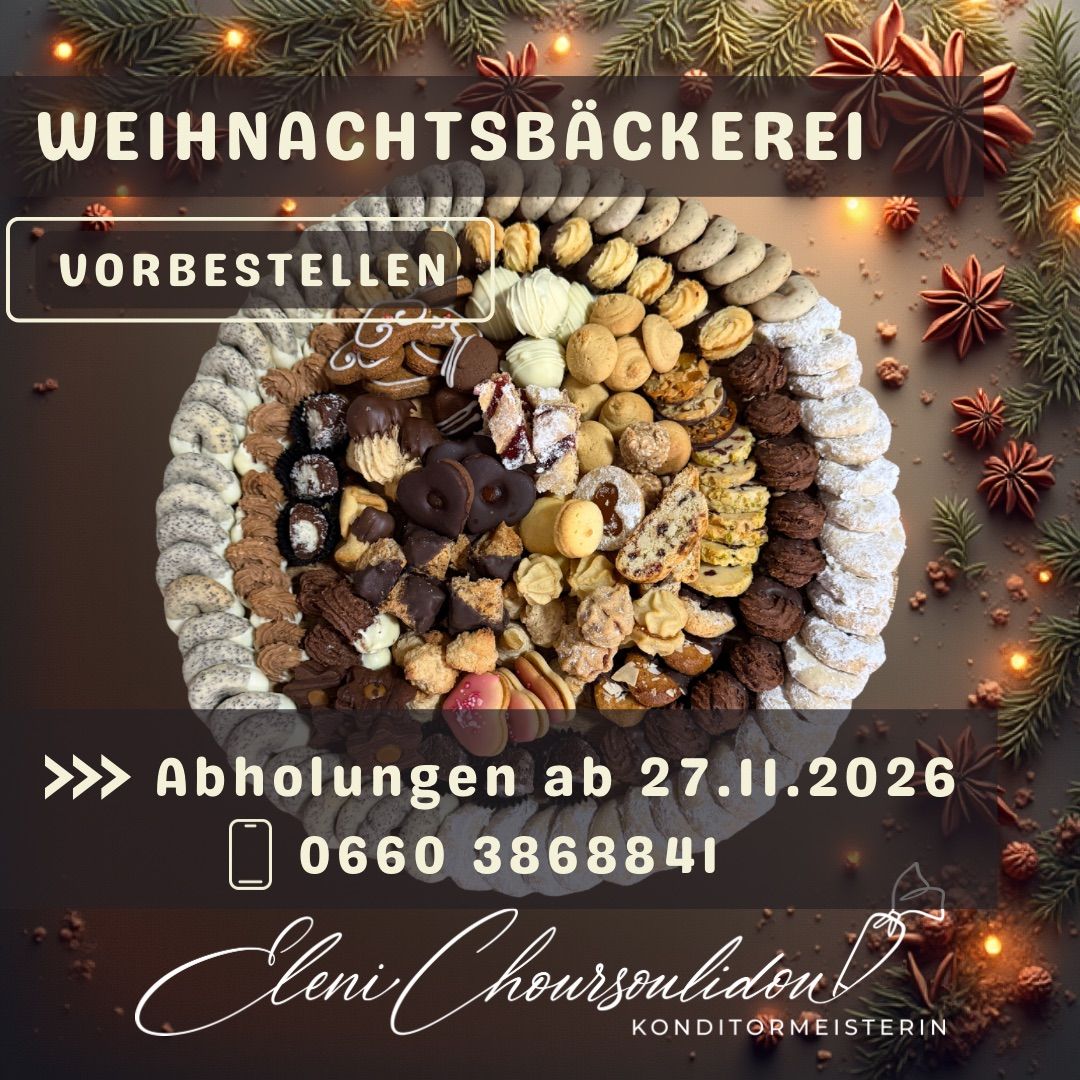 A festive display of assorted Christmas baked goods, including cookies, cakes, and chocolates, arranged in a circular platter with a backdrop of Christmas decorations and lights. The text 'Weihnachtsbaeckerei Vorbestelllen' and a phone number for reservations are also visible.