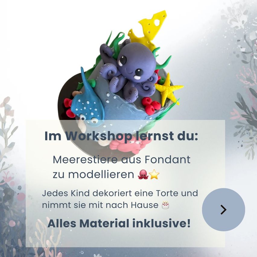 An underwater cake workshop for kids with octopus, starfish, and fish decorations. Each child decorates a cake and takes it home. All materials included.