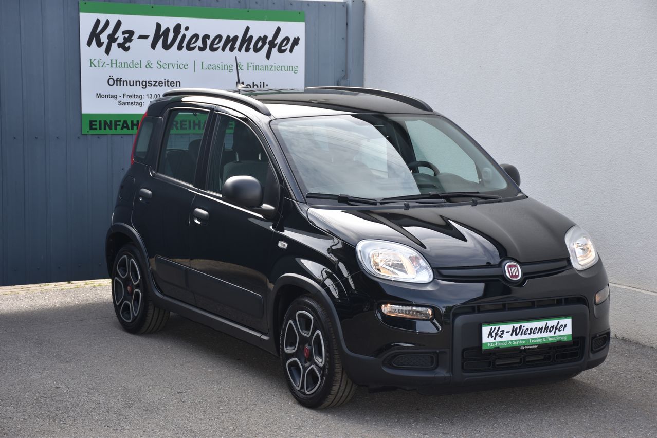 Ein schwarzer Fiat 500L steht vor einem Gebäude mit einem Schild, das 'fz-Wiesenhofer' besagt. Das Auto hat ein Nummernschild mit dem Text 'Kfz-Wiesenhofer'.