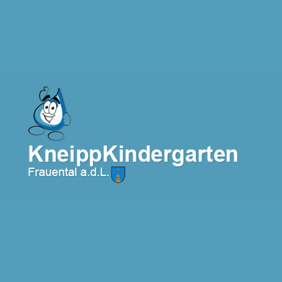 Das Logo für den Kneipp Kindergarten ist auf einem blauen Hintergrund abgebildet, mit einem Zeichentrickcharakter und dem Namen des Kindergartens.