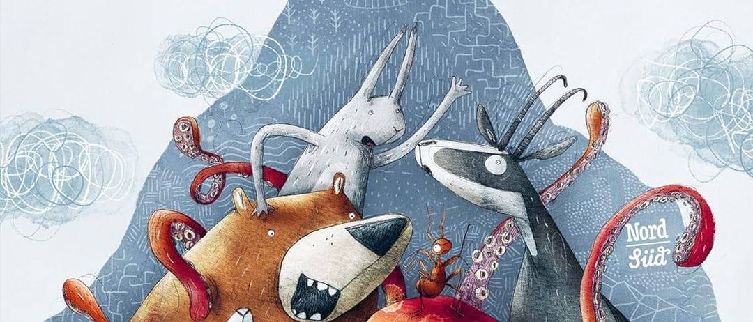 Das Buchcover zeigt den Titel 'BERG' mit verschiedenen farbenfrohen Tieren wie einem Bären, einem Kaninchen, einem Oktopus und einer Ameise. Der Hintergrund ist ein verschneiter Berg mit den Himmelsrichtungen Nord, Süd, Ost und West markiert.