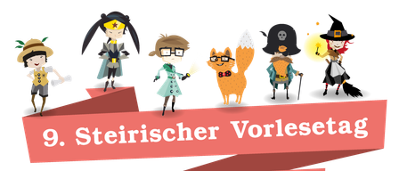 Vier Cartoon-Figuren stehen auf schwarzem Hintergrund. Ein Pirat, ein Fuchs, ein Mädchen mit Brille und ein Mädchen mit Sternkopfband. Unten stehen 'Steirischer Vorles' und '13. Juni 2026'.