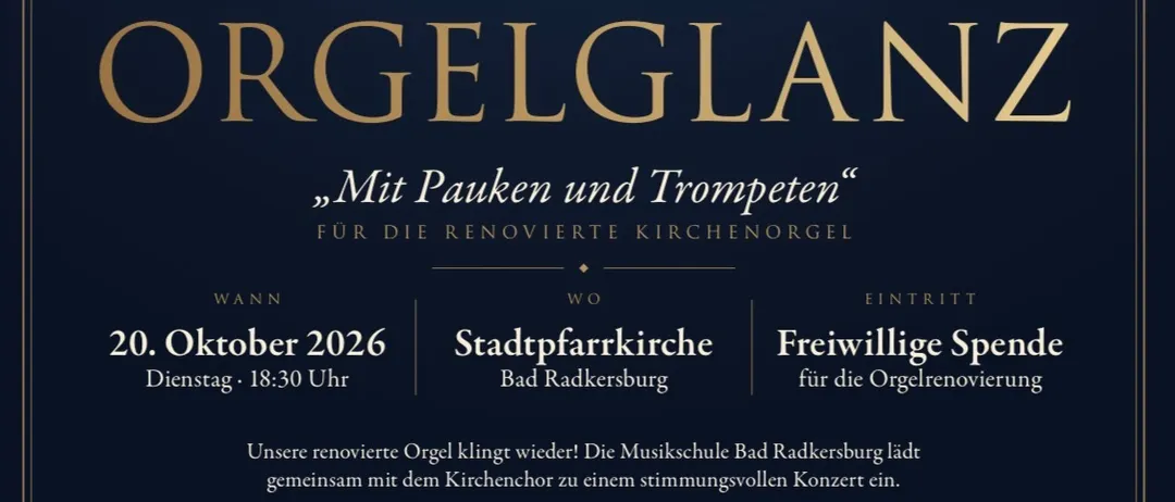 Ein Plakat für ein Benefizkonzert mit einem Bild einer Kirche mit einem braunen Dach und einem Turm. Das Plakat enthält das Datum, die Uhrzeit und den Ort der Veranstaltung sowie den Namen des Organisten, der die Aufführung leitet.
