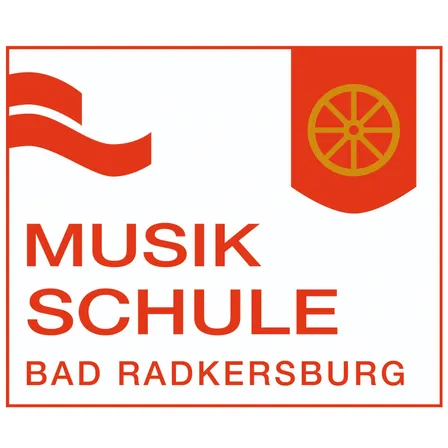 Das Logo der Musik Schule Bad Radkersburg zeigt eine rote Flagge mit einem Rad in der Mitte. Der Text lautet 'Musik Schule Bad Radkersburg'.