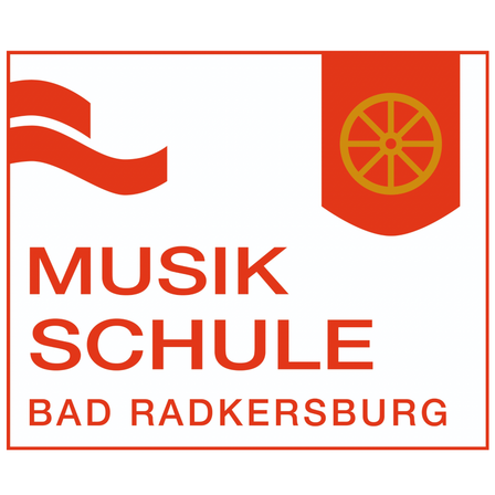 Das Logo der Musik Schule Bad Radkersburg zeigt eine rote Flagge mit einem Rad in der Mitte. Der Text lautet 'Musik Schule Bad Radkersburg'.
