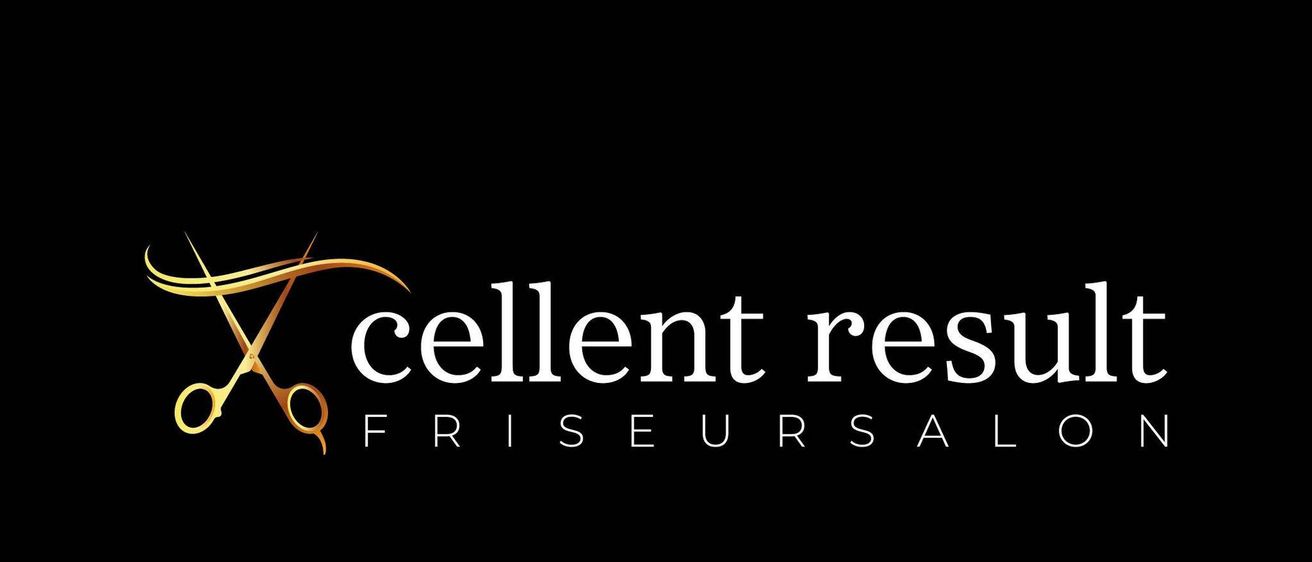 Schwarzer Hintergrund mit goldenem Scherenlogo und dem Text 'Cellent Result Friseursalon' in weißer Schrift.