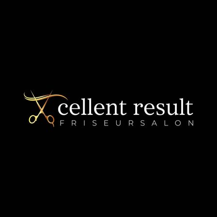 Das Logo für 'Cellent Result', einen Friseursalon, zeigt ein goldenes Scherensymbol und weißen Text auf schwarzem Hintergrund.