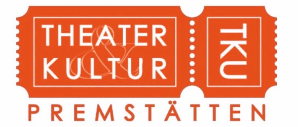 Ein orangefarbenes Logo für Theater Kultur Remstaette mit einem Ticket-Ausschnitt-Design in der Mitte.