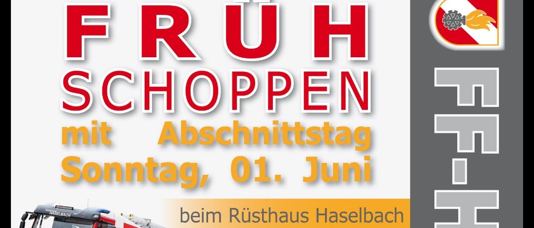 Flyer für eine Veranstaltung im Rusthaus Haselbach am 1. Juni. Zeigt einen Feuerwehrwagen, Zeitplan der Ereignisse und ein Bild einer Musikband.