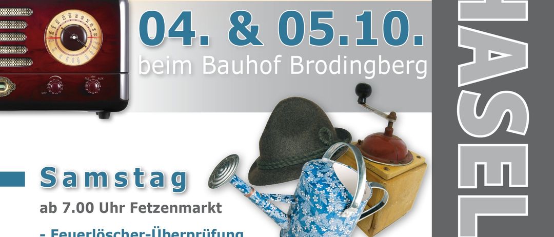 Fetzmarkt am Broedingberg-Gebäude am 4. und 5. Oktober. Samstag ab 19 Uhr: Flohmarkt, Feuerlöscher-Überprüfung. Sonntag um 10 Uhr: Wortgottesdienst, anschließend Frühstück mit 'Die lustigen Karls' und Defibrillator-Schulungen.