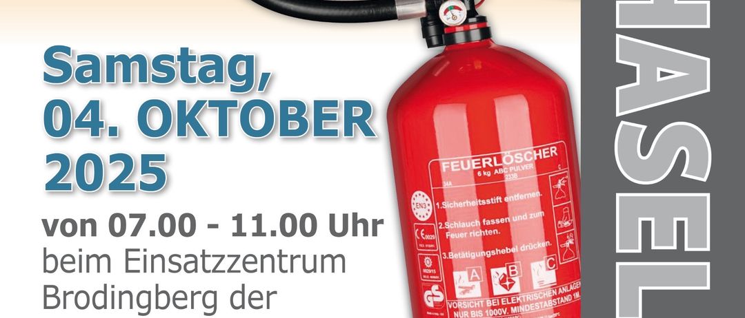 Ein Flyer für eine Feuerlöscherüberprüfung am Samstag, 4. Oktober 2025, von 07:00 bis 11:00 Uhr im Einsatzzentrum Brodingberg der FF Haselbach, Dorfstraße 5. Der Flyer zeigt einen roten Feuerlöscher mit schwarzem Griff und einem Logo für NORI-FEUERLOERCHER.