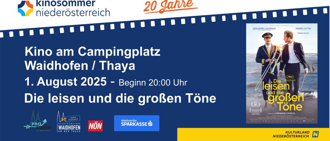 Eine Werbung für eine Camping-Veranstaltung auf dem Platz W Thaya. Die Veranstaltung beginnt um 20:00 Uhr. Die Werbung zeigt ein Filmstreifen-Design.