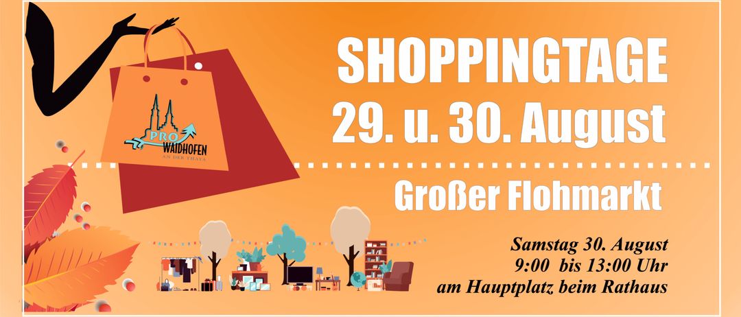 Ein orangefarbenes Plakat bewirbt ein Einkaufsereignis am 29. und 30. August. Es enthält Illustrationen von Häusern, Möbeln und Dekorationen. Die Veranstaltung beginnt um 9:00 Uhr am Hauptplatz.