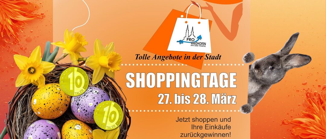 Ein Poster bewirbt Einkaufstage in der Stadt Waidhofen an der Thaya. Es zeigt einen orangefarbenen Hintergrund, einen Einkaufsbeutel mit dem Text 'PRO Waidhofen an der Thaya' und Ostereier. Die Termine für die Einkaufstage sind der 27. bis 28. März.