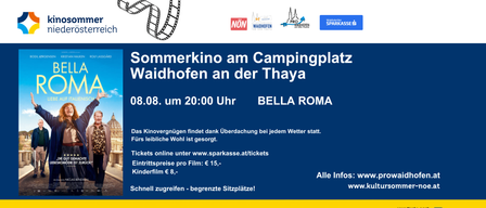 Ein Sommerkino am Campingplatz Waidhofen an der Thaya. Tickets online verfügbar. Eintrittspreise: 15 €, Kinder 8 €. Begrenzte Sitzplätze.