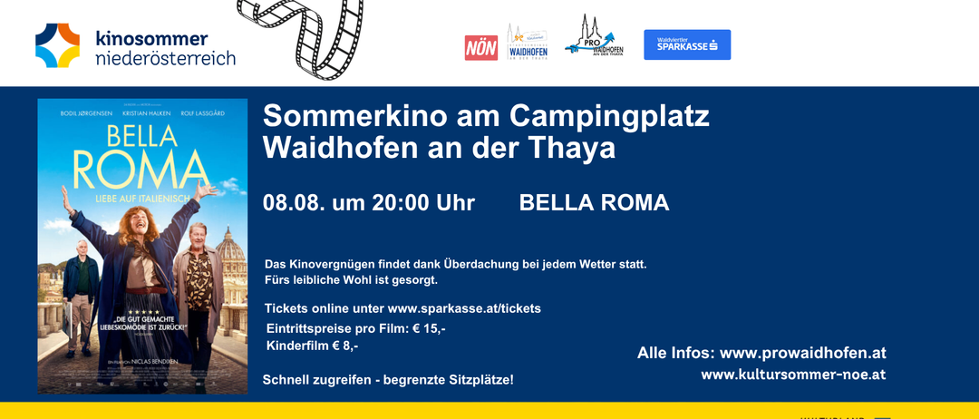 Ein Sommerkino am Campingplatz Waidhofen an der Thaya. Tickets online verfügbar. Eintrittspreise: 15 €, Kinder 8 €. Begrenzte Sitzplätze.