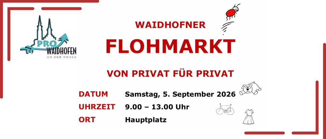 Werbung für den Waidhofner Flohmarkt, eine private Flohmarktveranstaltung am Samstag, 5. September 2026, von 9:00 bis 13:00 Uhr am Hauptplatz.