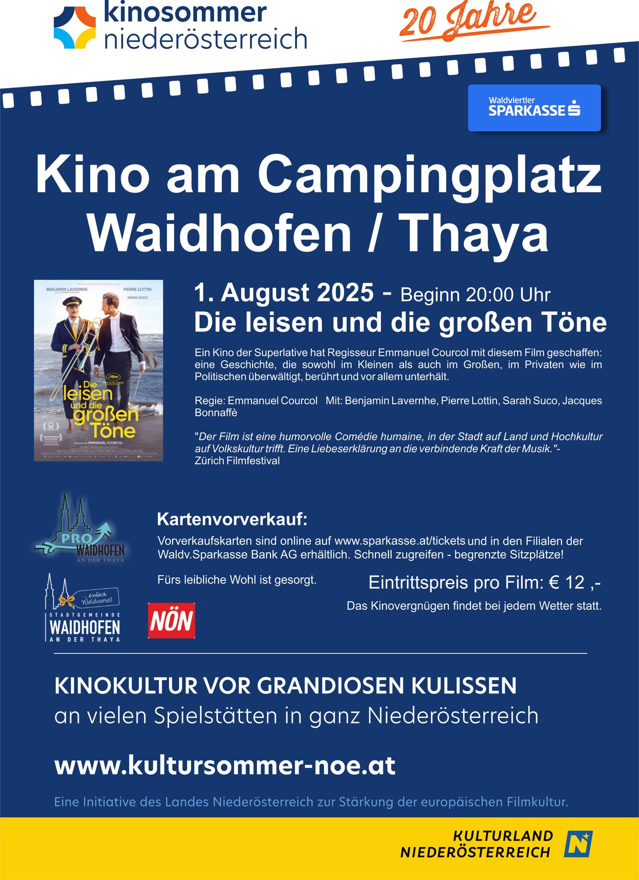 Blaues Plakat für eine Filmvorführung am Campingplatz in Waidhofen/Thaya am 1. August 2025, Beginn 20:00. Mit einem Foto von zwei Männern, einer mit Trompete und der andere mit Posaune. Tickets online erhältlich.