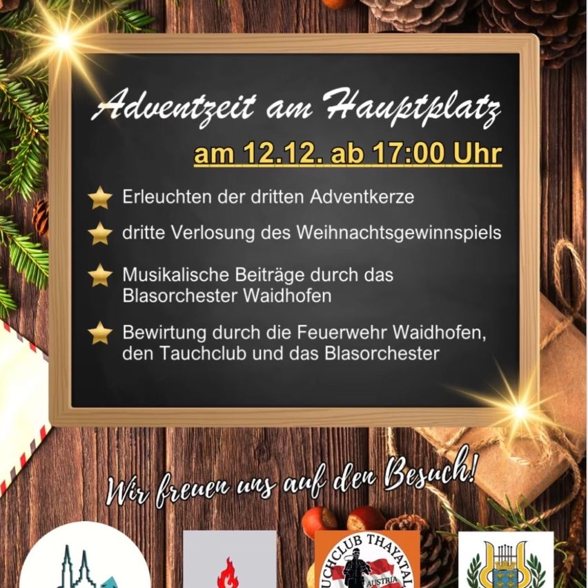 A blackboard displays an Advent event schedule. It features three stars, each with a text. The top star reads 'Lighting of the third Advent candle'. The middle star says 'Third draw of the Christmas giveaway'. The bottom star mentions 'Musical contributions by the Waldhofen Brass Orchestra'. Below it, a note reads 'We look forward to your visit!'.