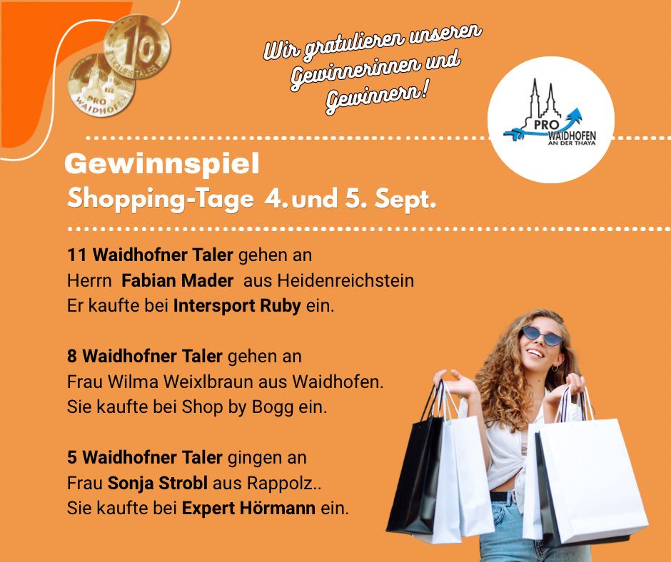 An advertisement for a shopping event in Waidhofen, featuring three winners and their shopping locations. The winners are Fabian Mader, Wilma Weixlbraun, and Sonja Strobl. The event is on September 4th and 5th.