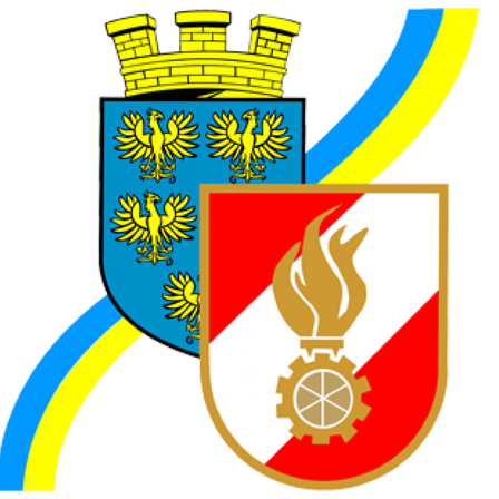 Das Bild zeigt einen Schild, der in zwei Abschnitte geteilt ist: Die linke Hälfte hat einen blauen Hintergrund mit drei gelben Adlern, und die rechte Hälfte hat einen roten und weißen Hintergrund mit einer goldenen Flamme und einem Zahnrad.