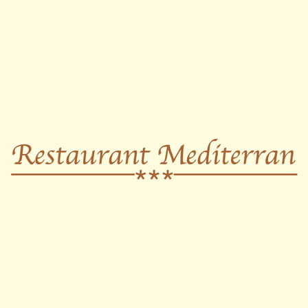 Ein beige Hintergrund mit 'Restaurant Mediterran' in brauner Schrift und drei Sternen darunter.