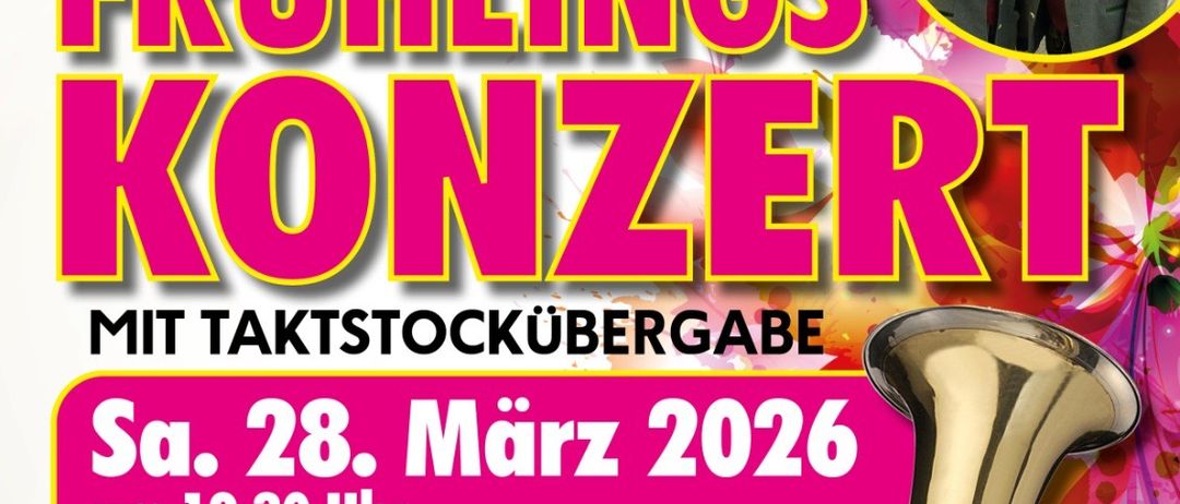 Plakat für das Frühjahrskonzert der Stadtkapelle Friesach mit einer Trompete und einem Paar. Das Ereignis findet am 28. März 2026 um 19:30 Uhr in der Ballspielhalle Friesach statt.